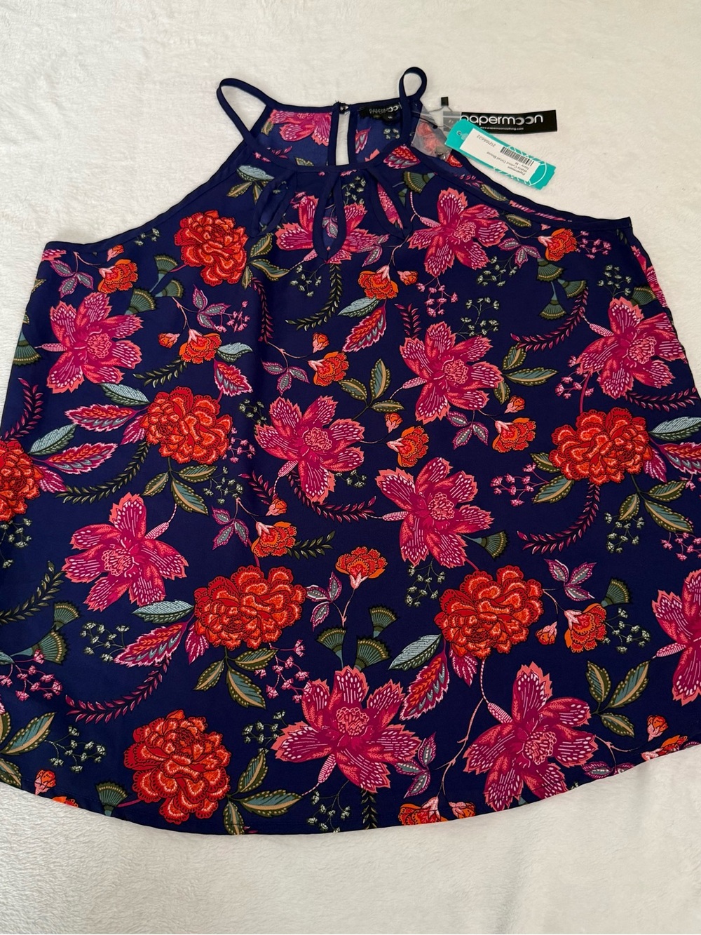 Papermoon Waltra Blouse Women M Navy Floral Cold Shoulder Cutout Top NWT